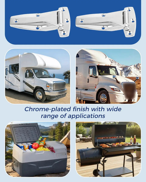 Rock Solid Heavy Duty Chrome Hinge 2 Pack Zinc Alloy RV Door Hardware For Class A Travel Trailers and Fifth Wheels Built Tough for BBQ Grills.