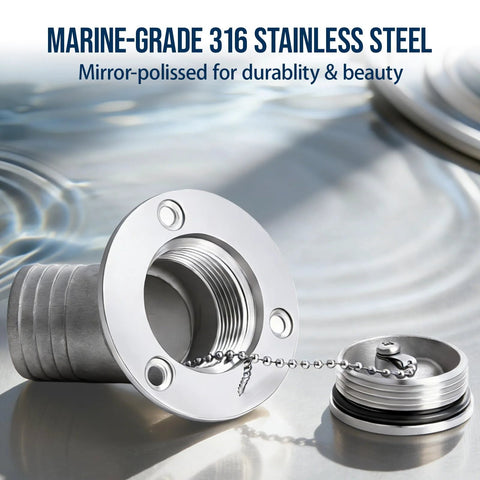 BocBoz 1-1/2 in deck fuel filler, 316 stainless, mirror-polished angled neck with keyless cap and mounting screws