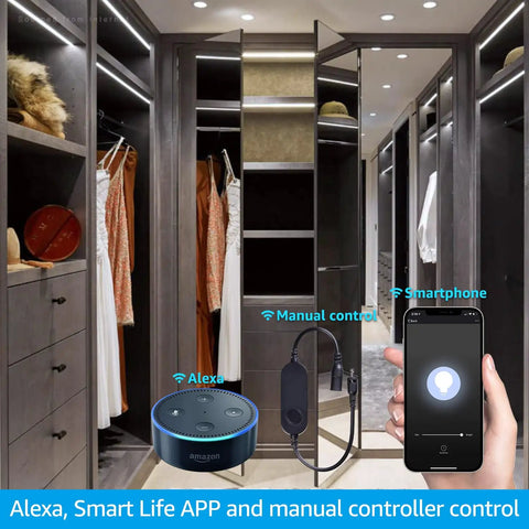 Smart LED Under Cabinet Lighting Kit With Alexa Voice And App Control Six 12 Inch Dimmable Linkable Light Bars illuminating a closet