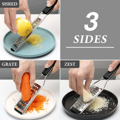 Three Piece Grater And Zester Set With Fine Coarse And Extra Coarse Holes Stainless Steel grating lemon, carrot, and ginger