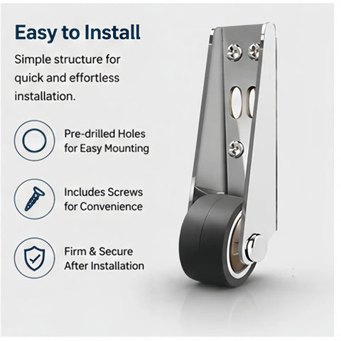 Heavy Duty Bottom Guide Roller Wheel For Barn And Closet Doors Quiet Soft Rubber Caster With Solid Alloy Steel Core easy installation with pre-drilled holes.