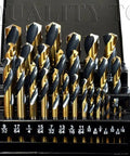 Stubby Industrial Drill Bit Set in Black and Gold, 29 Piece, 135 Degree Split Point, Fully Ground, Neatly Packed in Metal Case