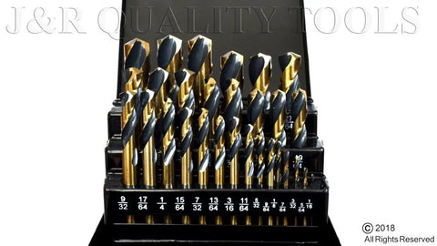 Stubby Industrial Drill Bit Set in Black and Gold, 29 Piece, 135 Degree Split Point, Fully Ground, Neatly Packed in Metal Case