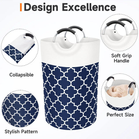 Large Collapsible Laundry Basket With Tall Aluminum Soft Grip Handles Waterproof Hamper 75L Capacity For Travel And College Dorms The Ultimate Laundry Storage For Bathroom And Family Blue displayed with collapsible feature and stylish pattern