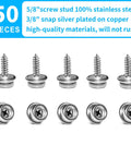 Marine-Grade Stainless Steel Snap Screw Kit For Boat Covers, 50-Piece, Includes Three-Eighths Inch Socket Snaps And Five-Eighths Inch Screws