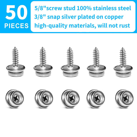 Marine-Grade Stainless Steel Snap Screw Kit For Boat Covers, 50-Piece, Includes Three-Eighths Inch Socket Snaps And Five-Eighths Inch Screws