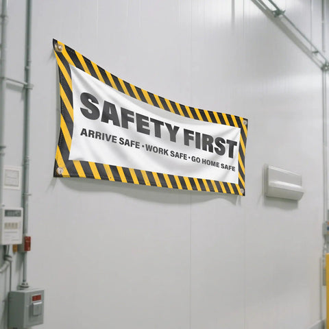 Safety First Banner 2 Pack Arrive At Work Go Home Safe Sign With Grommets 4 By 2 Feet Polyester Fade Resistant Caution Warning Signage