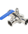 QiiMii 1.5in tri-clamp sanitary ball valve, stainless steel 304, blue lever handle, 3-way T-port