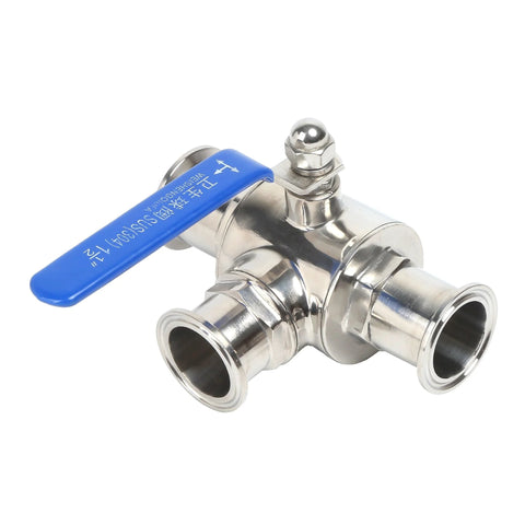 QiiMii 1.5in tri-clamp sanitary ball valve, stainless steel 304, blue lever handle, 3-way T-port