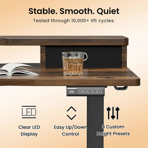 Realbear 48 By 24 Inch Electric Standing Desk With Two Convenient Drawers and a Dual Monitor Shelf featuring clear LED display and drink glass.