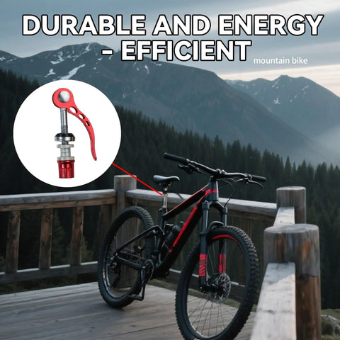 Red Quick Release Bike Seat Post Clamp Set, 10 Pack, view of clamp on mountain bike with scenic background