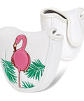 Flamingo Dance Mallet Putter Headcover with magnetic closure, eco-friendly synthetic leather, white wood look, palm design.