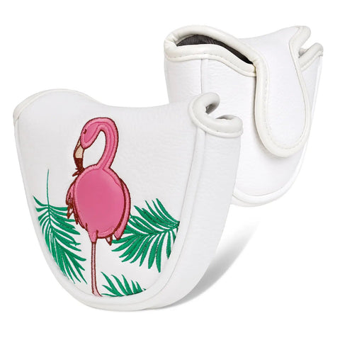Flamingo Dance Mallet Putter Headcover with magnetic closure, eco-friendly synthetic leather, white wood look, palm design.