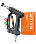 Short Pressure Washer Gun With Swivel, 4060 PSI Max, Four Nozzles, Three Eighths Inch Swivel Quick Connect, Hose Compatible, Foam Cannon Car Wash Foam Gun Ready, Built In Nozzle Holder, Black, showing nozzles and packaging