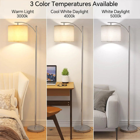 Arc Floor Lamp With Remote Control And Stepless Dimming, 9W Bulb, Adjustable Color Temperature, three modes shown in different rooms