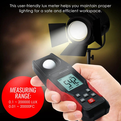 Handheld Lux Meter With Big LCD Display Data Hold And Backlight Fast Read High Accuracy For Indoor Outdoor Light Measurement 0.1 To 200000 Lux Wide Range Perfect For Photography Studio Gardening And Plant Growth, handheld black red digital light meter in hand