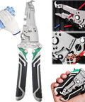 Eighteen In One Foldable Wire Stripper And Crimping Tool For Pros And DIYers with multitool pliers and gloves shown