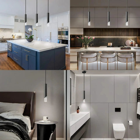 Black Mini Pendant Lights 2 Pack For Kitchen Island And Bedroom, Modern Industrial Ceiling Lighting With Metal Rods And Clear Acrylic Column Shade in kitchen, bar, bedroom, and bathroom settings