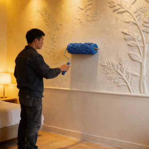 Premium 5 Inch Rubber Patterned Paint Roller Featuring An Ergonomic Handle used by a person painting a decorative wall.