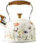 Stovetop Whistling Tea Kettle Two Point Seven Quart Floral Pattern Stainless Steel Tea Pot With Wood Pattern Handle