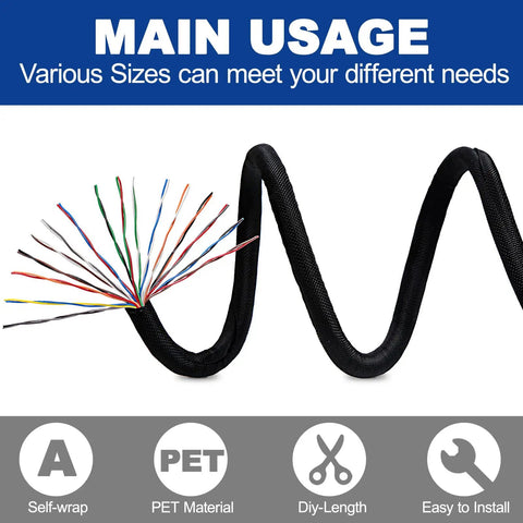 Split Sleeve Wire Loom For Auto Harness And Home Cable Management 25Ft Braided 1 Eighth Inch Self Wrapping Cable Protector shown