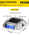 Diagram of 24 Pack Solar Driveway Lights With Switch Button, Bright Blue LEDs, solar panel and dimensions labeled.