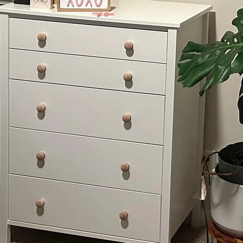 Unfinished Wood Cabinet Knob Set 20 Mushroom Drawer Pulls With Screws 1.3 Inch Diameter 1 Inch Height Solid Wood Dresser Knobs In Brown White Log Varnish Black And Unfinished on white dresser