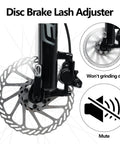 MTB Disc Brake Pad Alignment Tool For Easy Rotor Gap Adjustments shown with disc brake lash adjuster and rotor close-up.