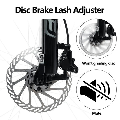 MTB Disc Brake Pad Alignment Tool For Easy Rotor Gap Adjustments shown with disc brake lash adjuster and rotor close-up.