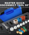 22 Piece Quick Disconnect Tool Set For Fuel Lines, AC And Transmission Systems with blue case and tools shown