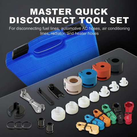 22 Piece Quick Disconnect Tool Set For Fuel Lines, AC And Transmission Systems with blue case and tools shown