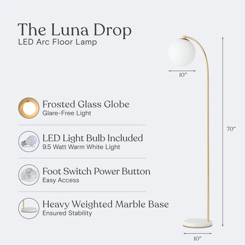 Luna Drop 75 Inch Antique Brass Floor Lamp With Frosted White Glass Globe Shade, Dope Modern 1 Light LED features and dimensions