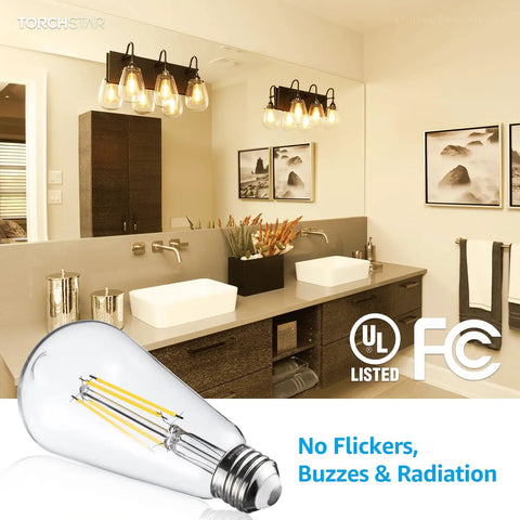 Dimmable Vintage Edison LED Bulbs 7W Filament, 800 Lumens, Soft White 2700K in bathroom vanity lighting fixture