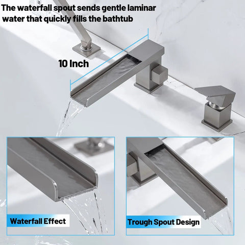 Roman Tub Faucet Deck Mount Waterfall Three Hole With Hand Shower Brushed Nickel Modern Tub Filler Spout Ten Inch Extended Waterfall
