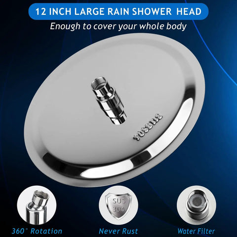 12 Inch High Flow Rain Shower Head In Chrome Finish with 360° rotation, all metal stainless steel build.