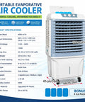Heavy Duty Evaporative Swamp Cooler With 13.2 Gallon Tank And Four Premium Ice Packs Generates Beast Mode Chill For Your Backyard Blocks Poolside Throwdowns And Hot Weekend Lounge Sessions, showcasing product specifications and bonus ice packs.