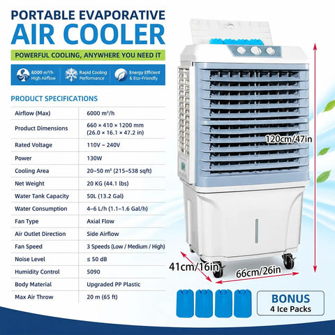 Heavy Duty Evaporative Swamp Cooler With 13.2 Gallon Tank And Four Premium Ice Packs Generates Beast Mode Chill For Your Backyard Blocks Poolside Throwdowns And Hot Weekend Lounge Sessions, showcasing product specifications and bonus ice packs.