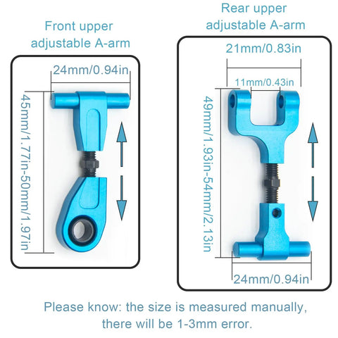 Beefed Up Adjustable Front and Rear Upper Arm Set for TT02 Chassis Aluminum Alloy Suspension Arms Upgrade Kit for On Road One Tenth Scale RC Car Length Adjustable displayed in blue with dimensions.