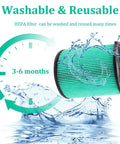 Illustration of washable HEPA filter replacement two pack for five to twenty gallon wet and dry shop vacuums with water splash