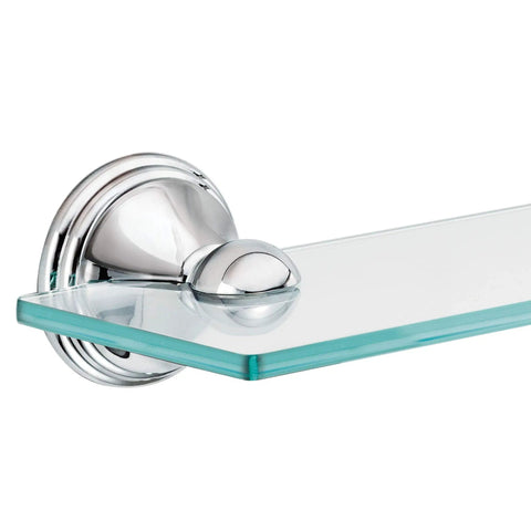Close-up of Preston Collection Decorative Glass Bathroom Vanity Shelf Chrome Finish 19.5 Inches Wide By 4 Inches Deep Sleek Space Saving