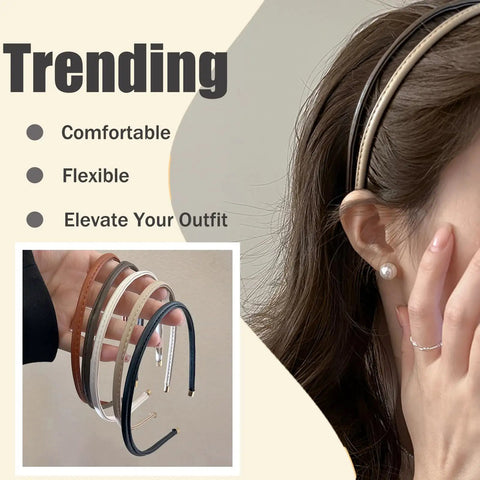 Premium Skinny Leather Headbands For Women Five Piece Set shown in hand, featuring soft top grain leather and a non-slip fit.