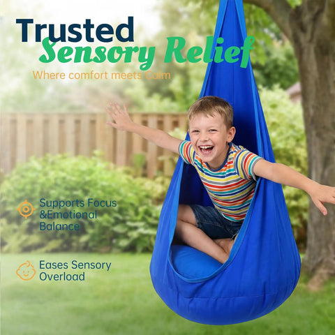 Child sitting in a blue Indoor Outdoor Sensory Pod Swing Chair For Kids And Adults 72 Inch High 32 Inch Wide Cozy Inflatable Cushion