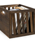 Wood Storage Bin Cube Crate With Handles Rustic Brown Decorative Box holding books, size 12 by 12 by 11 inches.
