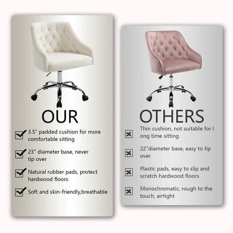 Comparison of soft velvet office chair with 360 degree swivel vs other chair, highlighting cushioned seat, padded armrests, and breathability.