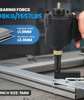 Five Millimeter Pneumatic Hole Punch For Metal Working, Air Powered Punch Tool in use on metal sheet, punch size 5mm