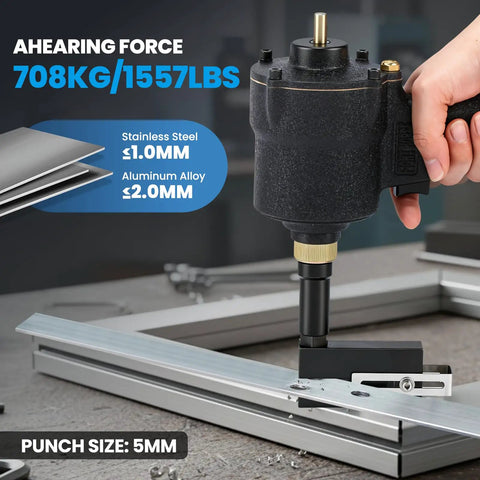 Five Millimeter Pneumatic Hole Punch For Metal Working, Air Powered Punch Tool in use on metal sheet, punch size 5mm