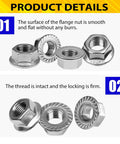 Heavy Duty M12 x 1.25mm Serrated Flange Nut Set, Hex Lock Nuts In 304 Stainless Steel, fine thread on smooth flange surface
