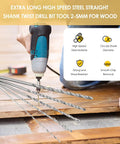 Top-Notch Extra Long High Speed Steel Drill Bit Set for Woodworking - 5-Piece Kit, showing use with power drill on wood.