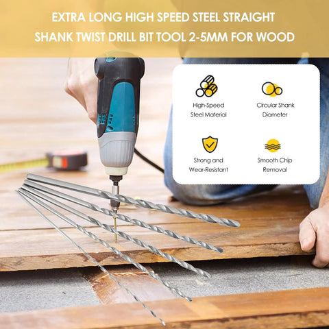 Top-Notch Extra Long High Speed Steel Drill Bit Set for Woodworking - 5-Piece Kit, showing use with power drill on wood.