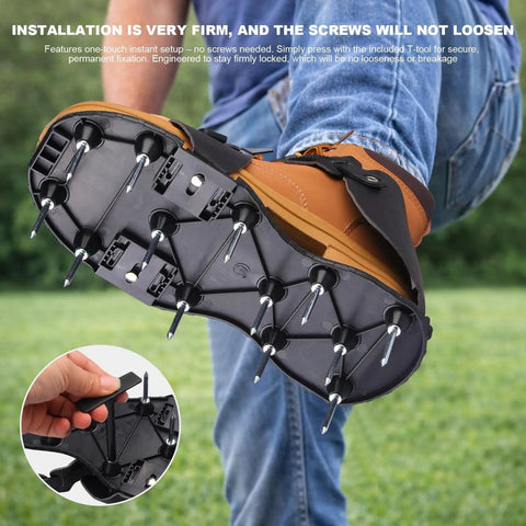 Person wearing Lawn Aeration Shoes With 2 Inch Stainless Steel Spikes Adjustable Straps Tool Free Setup Grass Aerator Sandals